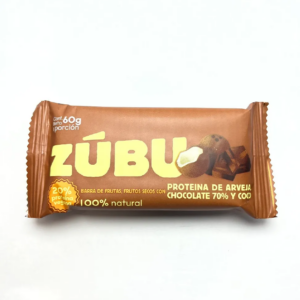 CHOCOLATINA DE PROTEINA ZUBU DE ARVEJA Y CHOCOLATE 70% Y COCO